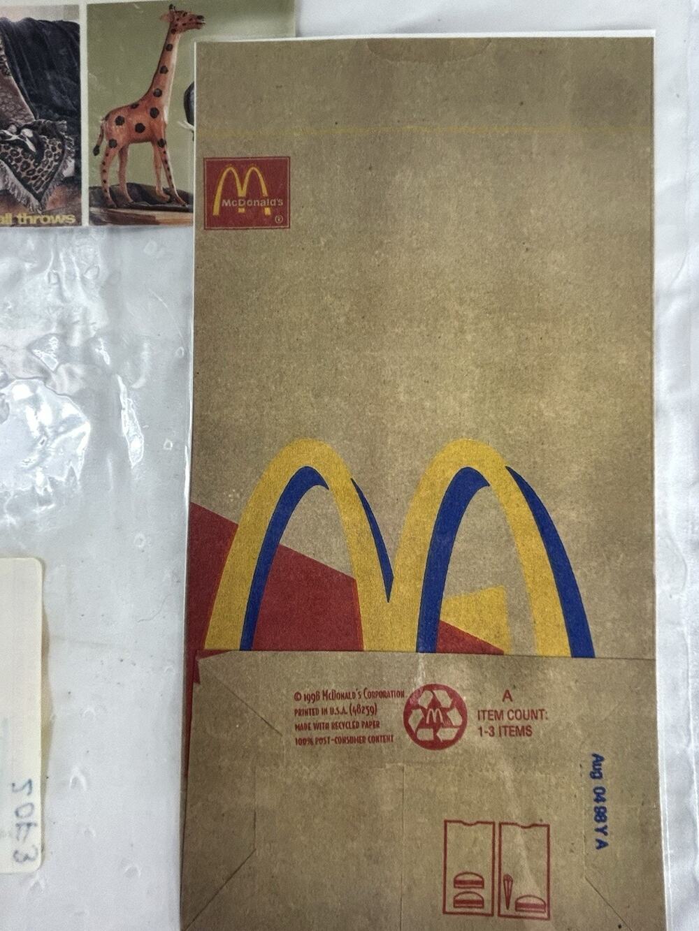 McDonald's 1998 Paper Take Out Brown Bag McDonald’s Transporter Laminated